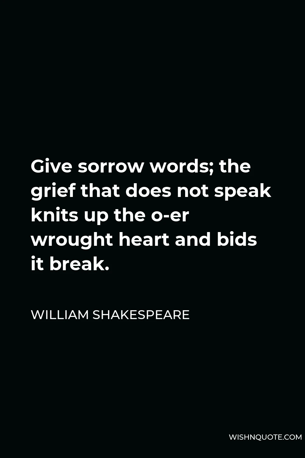 William Shakespeare Quote - Give sorrow words; the grief that does not speak knits up the o-er wrought heart and bids it break.