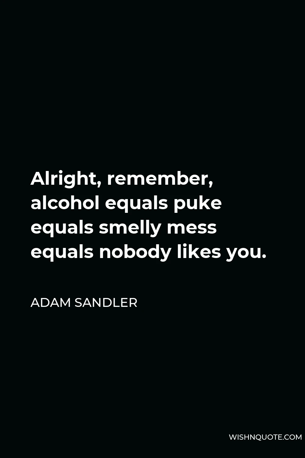 Adam Sandler Quote - Alright, remember, alcohol equals puke equals smelly mess equals nobody likes you.