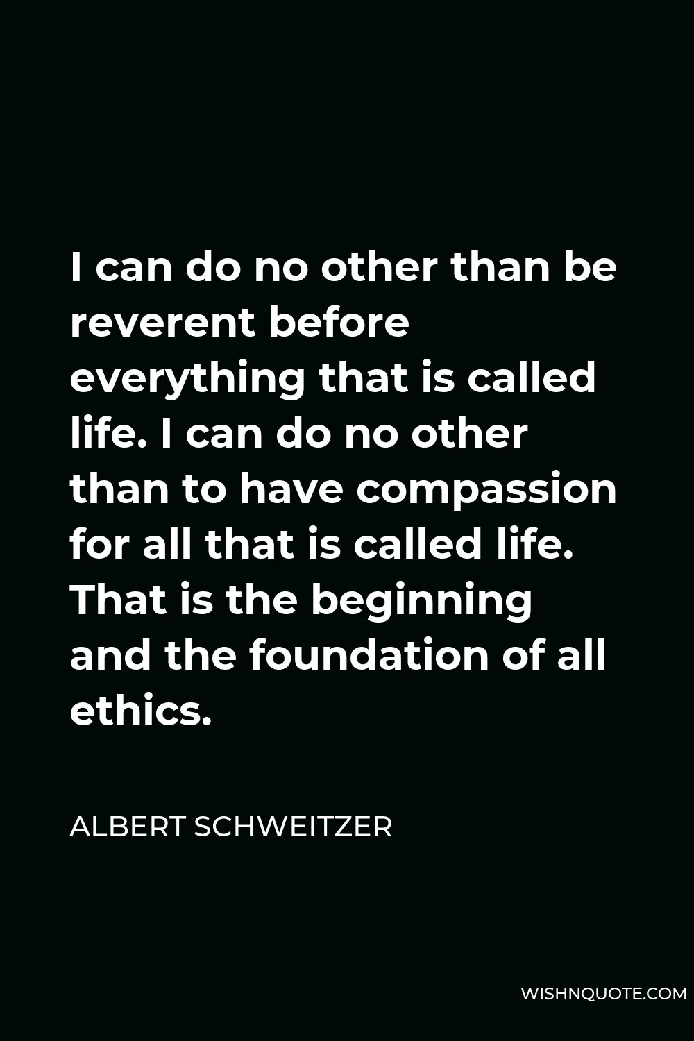 Albert Schweitzer Quote - I can do no other than be reverent before everything that is called life. I can do no other than to have compassion for all that is called life. That is the beginning and the foundation of all ethics.