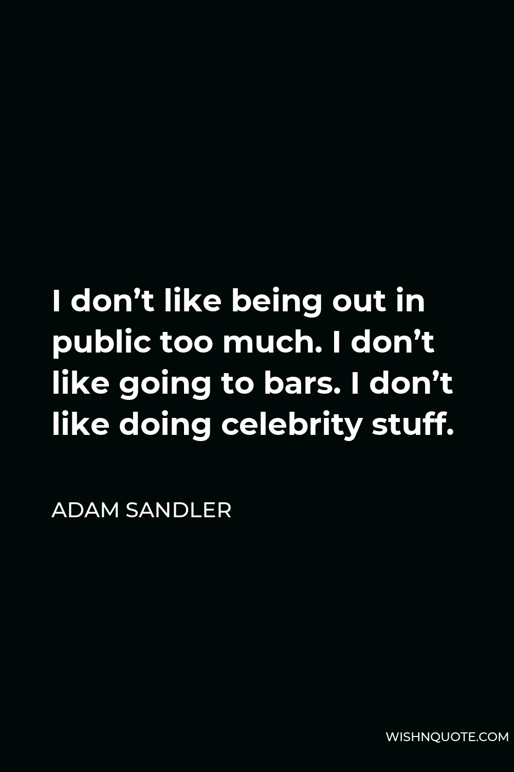 Adam Sandler Quote - I don’t like being out in public too much. I don’t like going to bars. I don’t like doing celebrity stuff.