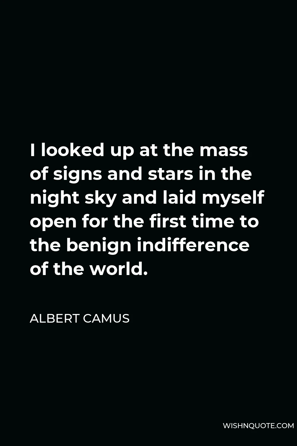 Albert Camus Quote - I looked up at the mass of signs and stars in the night sky and laid myself open for the first time to the benign indifference of the world.