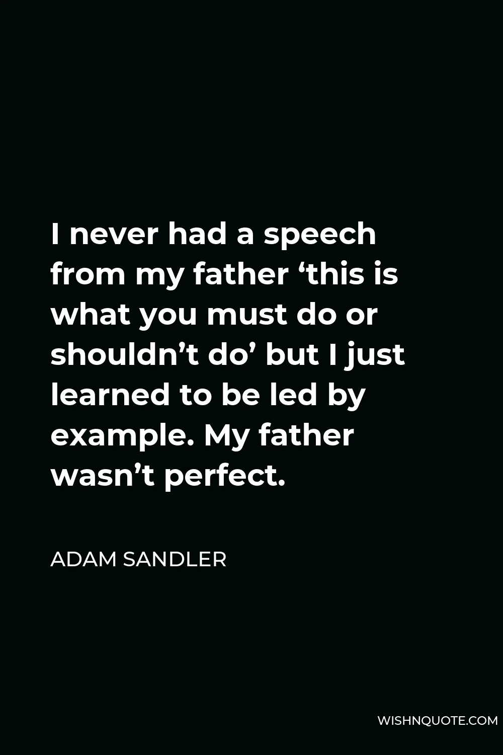 Adam Sandler Quote - I never had a speech from my father ‘this is what you must do or shouldn’t do’ but I just learned to be led by example. My father wasn’t perfect.