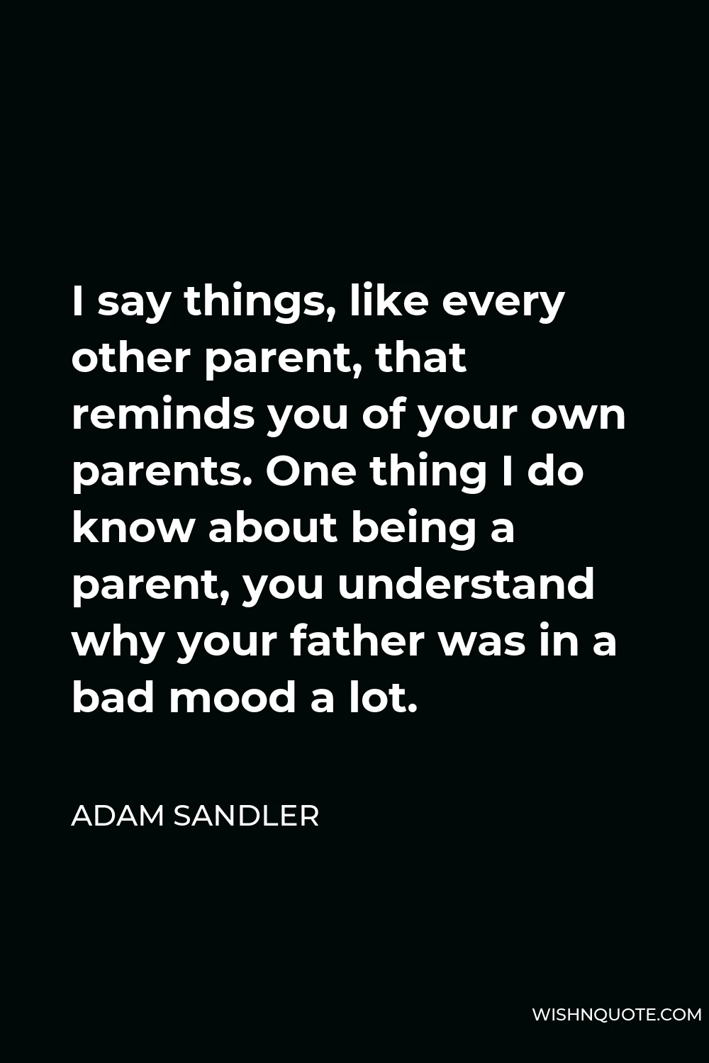 Adam Sandler Quote - I say things, like every other parent, that reminds you of your own parents. One thing I do know about being a parent, you understand why your father was in a bad mood a lot.