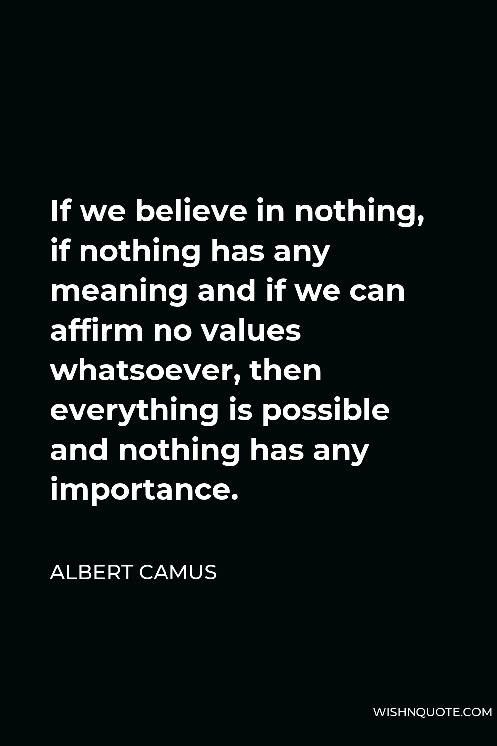 Albert Camus Quote - If we believe in nothing, if nothing has any meaning and if we can affirm no values whatsoever, then everything is possible and nothing has any importance.