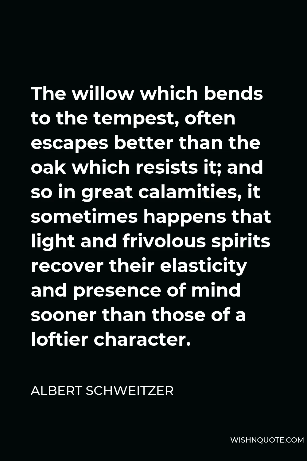 Albert Schweitzer Quote - The willow which bends to the tempest, often escapes better than the oak which resists it; and so in great calamities, it sometimes happens that light and frivolous spirits recover their elasticity and presence of mind sooner than those of a loftier character.