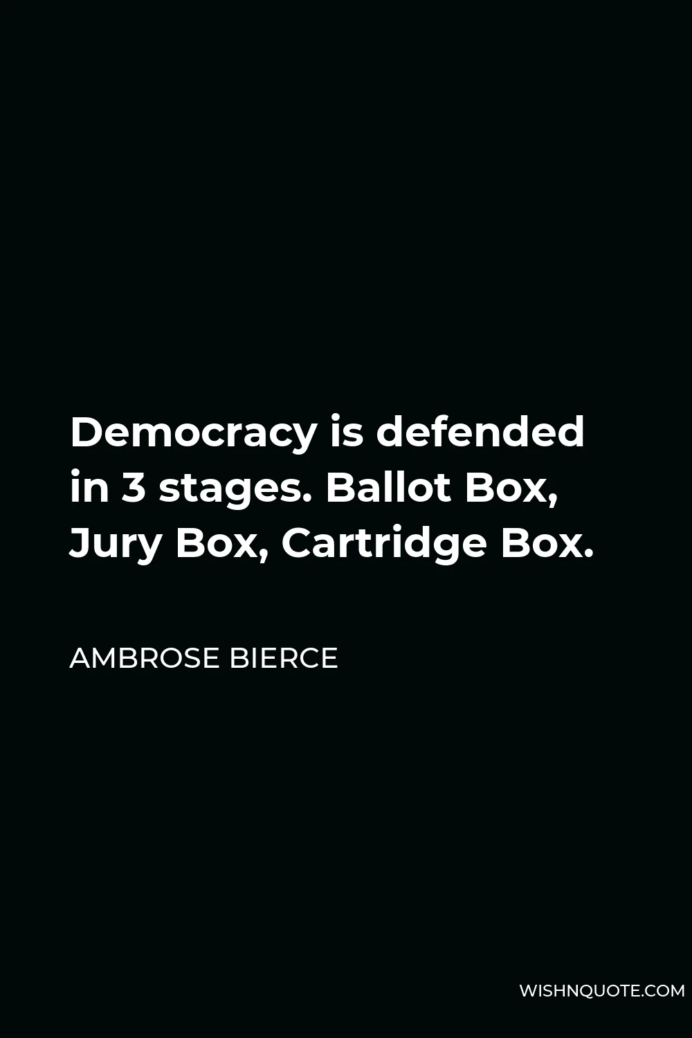 Ambrose Bierce Quote - Democracy is defended in 3 stages. Ballot Box, Jury Box, Cartridge Box.