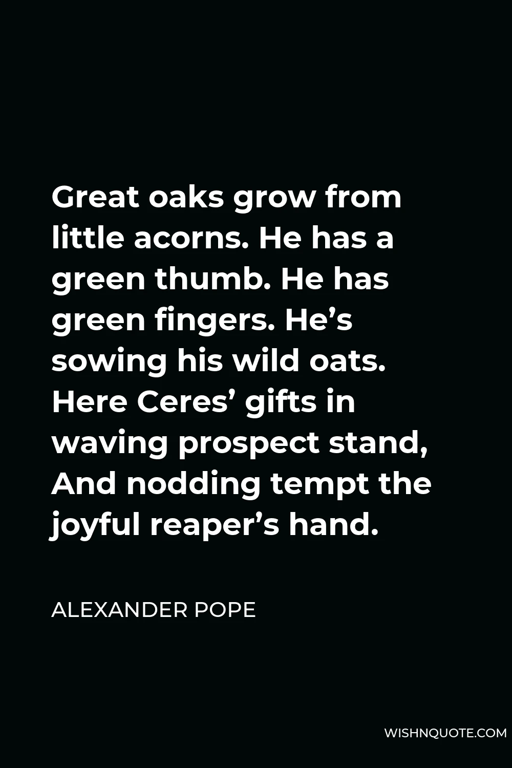 Alexander Pope Quote - Great oaks grow from little acorns. He has a green thumb. He has green fingers. He’s sowing his wild oats. Here Ceres’ gifts in waving prospect stand, And nodding tempt the joyful reaper’s hand.