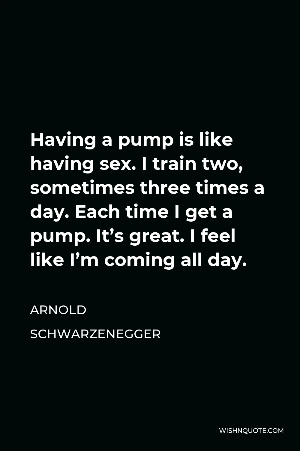 Arnold Schwarzenegger Quote - Having a pump is like having sex. I train two, sometimes three times a day. Each time I get a pump. It’s great. I feel like I’m coming all day.